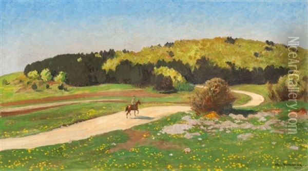 Horse Rider In A Summer Landscape Oil Painting - Hans Richard Von Volkmann
