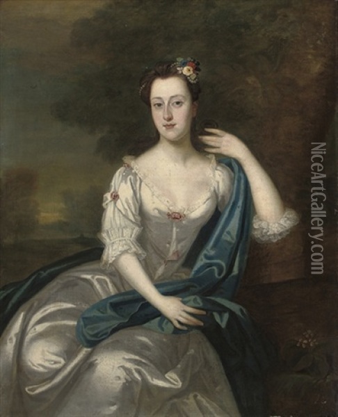 Portrait Of A Lady, In A White Dress With A Blue Wrap Oil Painting - Joseph Highmore
