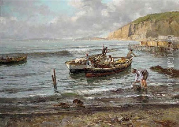 Fishing Boats Off The Neapolitan Coast Oil Painting - Giuseppe Giardiello