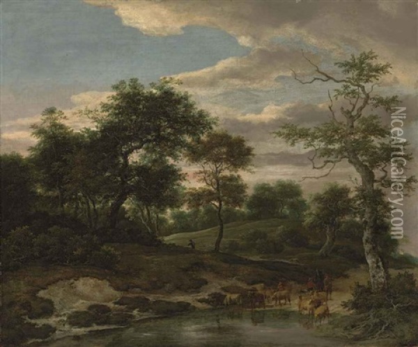 A Wooded Landscape With A Shepherd Watering His Flock Oil Painting - Jacob Van Ruisdael