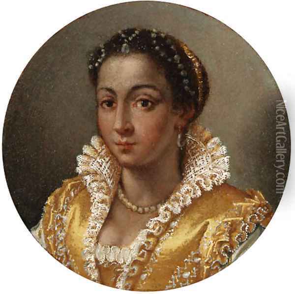 Portrait of a girl, bust-length, in a yellow silk dress with a lace collar Oil Painting - Lavinia Fontana