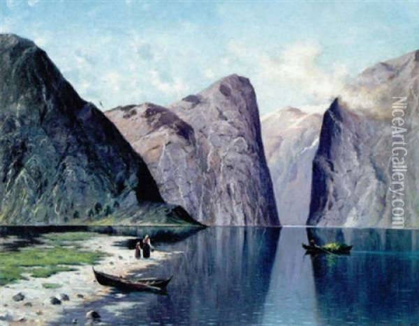 Norsk Fjordparti Med Robad Pa Vandet Oil Painting - Nels Hagerup