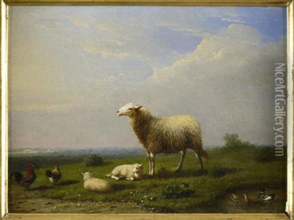 Sheep And Hens In A Landscape Oil Painting - Franz van Severdonck