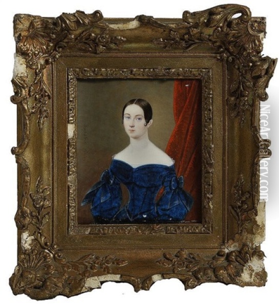 Portrait Of Susan Westrapp Wearing A Blue Velvet Dress By A Red Curtain Oil Painting - Jean-Baptiste Sabatier