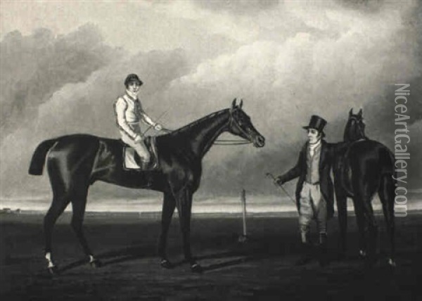 A Racehorse With Jockey Up And His Trainer On A Racecourse Oil Painting - Lambert Marshall