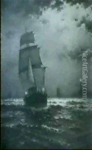 Merchant Ship Skirting The Lighthouse Point Oil Painting - Edward Moran