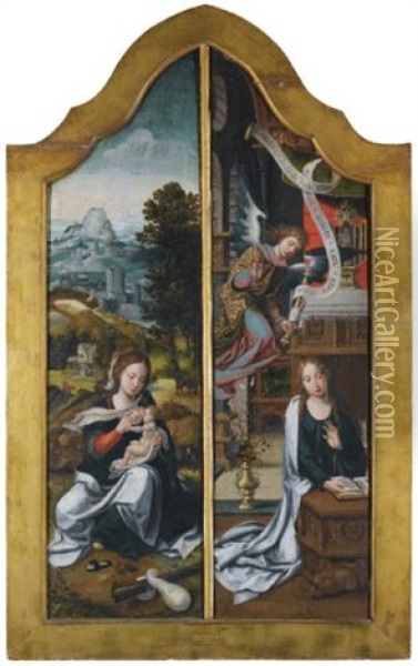 Wings Of An Altarpiece: The Left Wing Depicting The Madonna And Child And The Right Wing Depicting The Annunciation (in 2 Parts) Oil Painting - Pieter Coecke van Aelst the Elder