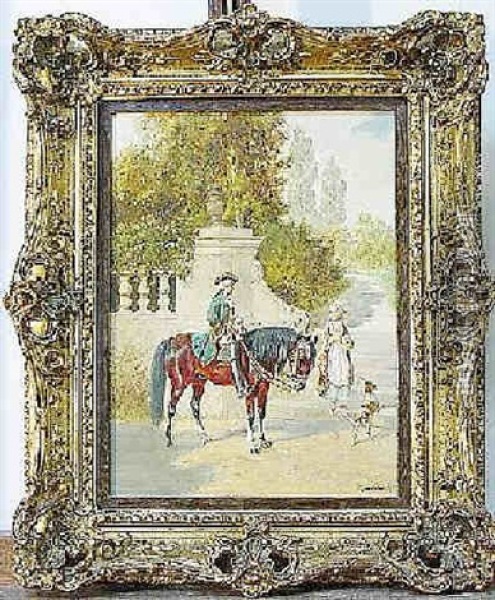 Kavalier Zu Pferde Mit Dame Und Hund Oil Painting - Franz Quaglio