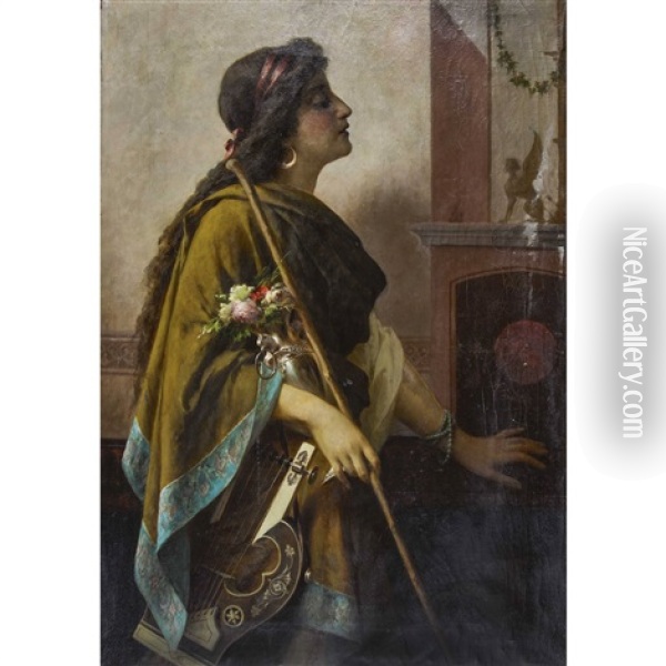 Antikisierende Frauenfigur Mit Lyra Und Blumenbouquet Oil Painting - Luigi Crosio