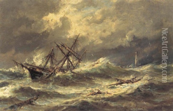 Skib I Havsnod Ud For Kysten Oil Painting - Holger Henrik Herholdt Drachmann