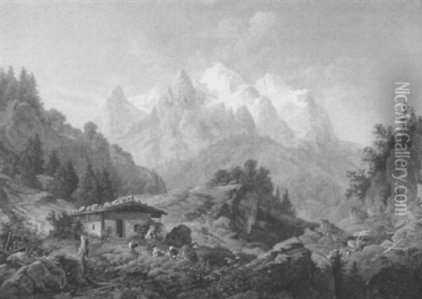 Hochgebirgsalm Mit Sennerin Und Kleiner Tierherde Oil Painting - Heinrich Buerkel