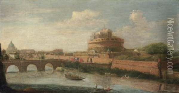 Rome - A View Of The Tiber, With The Castel Sant'angelo And St. Peter's Beyond Oil Painting - Hendrick Frans van Lint