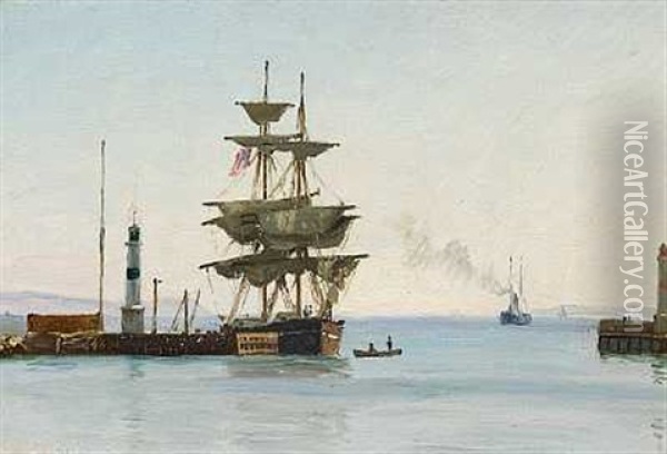 Sejlskib I Et Havneindlob Oil Painting - Christian Blache