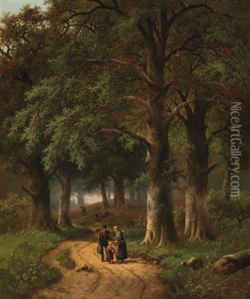 Encounter On The Woodland Path, Woodworkers In The Background Oil Painting - Hendrik Barend Koekkoek