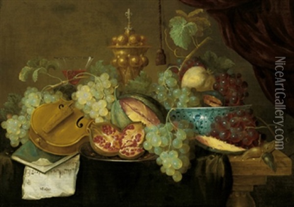 Stillleben Mit Fruchten, Violine, Noten, Einem Weinglas Und Einem Goldenen Pokal Oil Painting - Jan Pauwel Gillemans The Elder