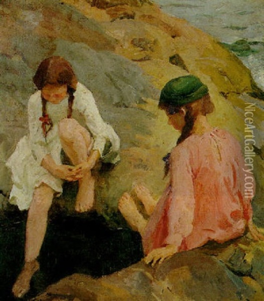 A Quiet Paddle Oil Painting - Harold Harvey