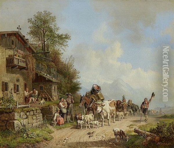Ruckkehr Von Der Alm - Almabtrieb Oil Painting - Heinrich Buerkel
