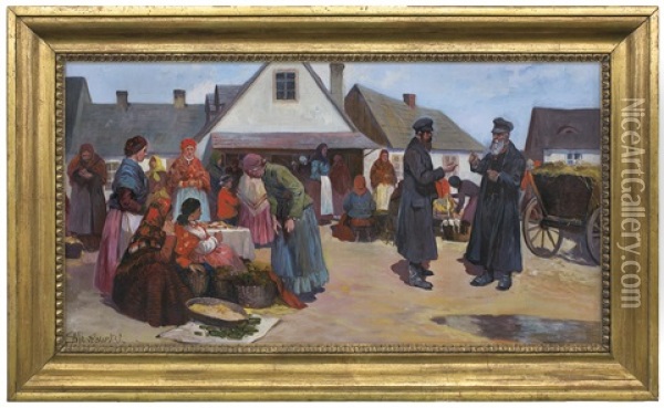 Small Town Market Oil Painting - Stanislaw Maslowski