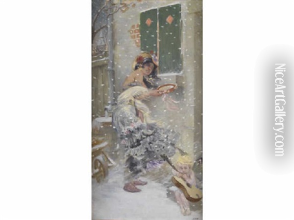Gitane Au Tambourin Et Amour Sous La Neige Oil Painting - Adolphe Leon Willette