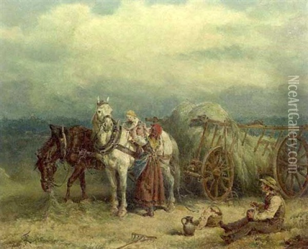 Landscape With Hay Wagon And Figures Oil Painting - Friedrich Kaiser