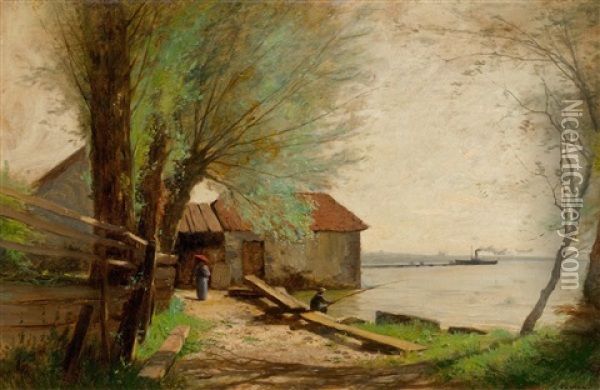 Landscape At Lake Geneva With A Steamboat Oil Painting - Gustave Castan