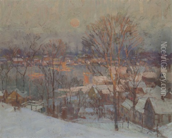 Gloucester Harbor, Winter Oil Painting - Frederick J. Mulhaupt