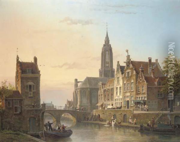 A View Of A Canal In A Dutch Town Oil Painting - Cornelis Christiaan Dommersen
