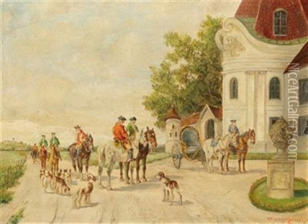 Huntsmen In Front Of Schloss Nymphenburg Oil Painting - Ludwig Mueller-Cornelius