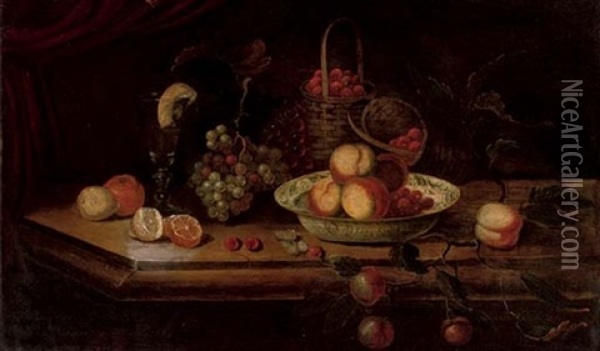 Peaches And Berries In A Wanli Kraak Porcelain Bowl With Grapes Oil Painting - Osias Beert the Elder