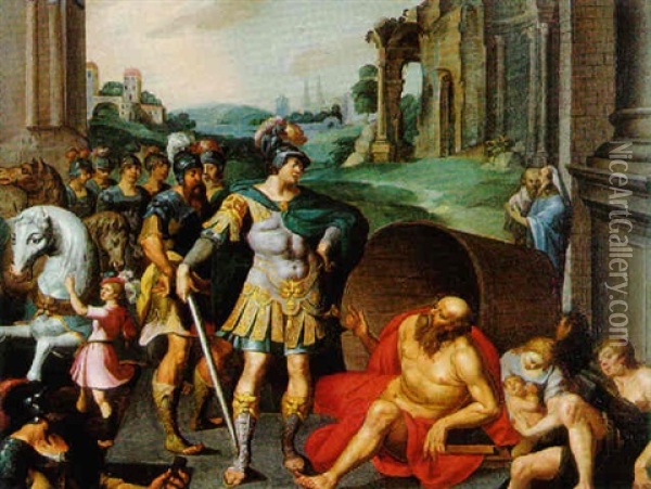 Alexandre Et Diogene Oil Painting - Adriaen van Nieulandt the Elder