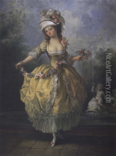 A Young Lady In A Garden Holding A Garland Of Flowers Oil Painting - Jean-Frederic Schall