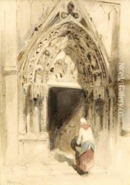 Femme Entrant A L'eglise Oil Painting - Louis Adolphe Hervier