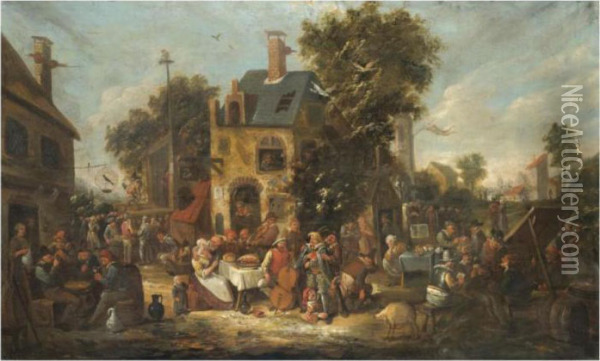 An Outdoor Scene With Villagers Joyously Revelling Outside The Wild Swan Tavern Oil Painting - Egbert Jaspersz. van, the Elder Heemskerck