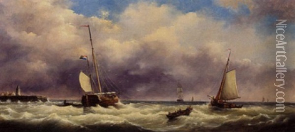 Ships In A Stormy Sea Oil Painting - George Willem Opdenhoff
