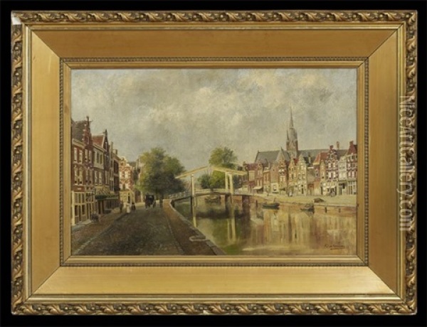 View Of A Delft Canal Oil Painting - Johannes Christiaan Karel Klinkenberg