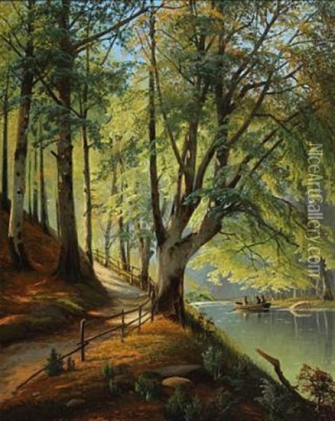 Forest Scenery With New Beech Leaves And People In Rowboat Oil Painting - Siegfried Hass