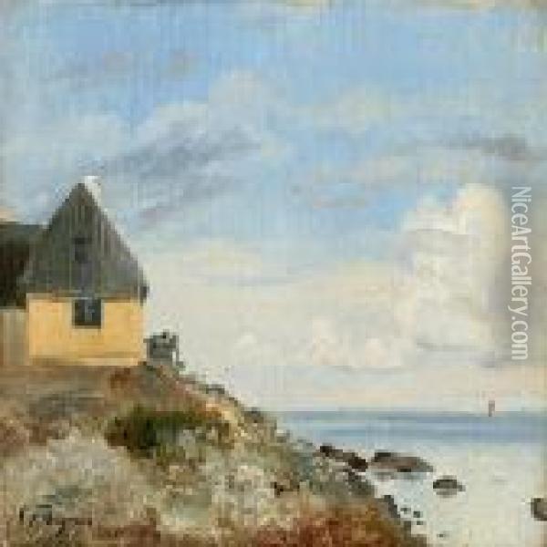 Coastal Scene With Ahouse At A Rocky Coast Oil Painting - Carl Frederick Aagaard