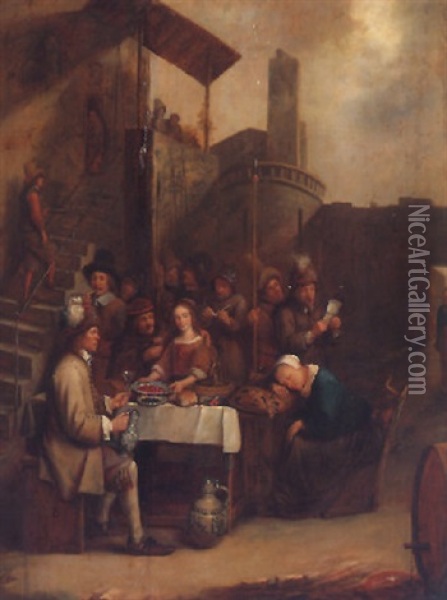 Townsfolk Eating And Drinking Within The Walls Of A Fortress Oil Painting - Joos van Craesbeeck