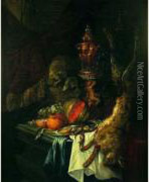 Nature Morte Au Hanap, Fruits Et Lievre Sur Un Entablement Oil Painting - Christiaan Jansz. Striep