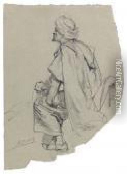 Profile Of A Seated Man With A Turban; And A Companion Drawing Oil Painting - Franz Xaver Simm