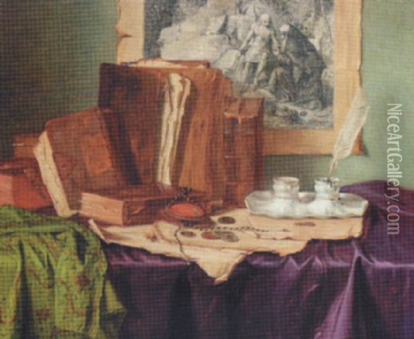 Books And Coins On A Draped Table Oil Painting - Josef Jurutka