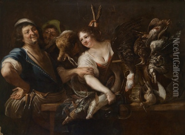 Ein Jager Und Eine Magd Mit Fischen Und Erlegtem Wild In Einem Kucheninterieur Oil Painting - Christian van Couwenbergh