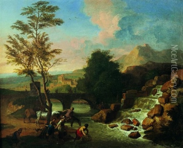 Paysans Et Leur Monture Pres D'une Riviere Oil Painting - Gerard Hoet the Elder