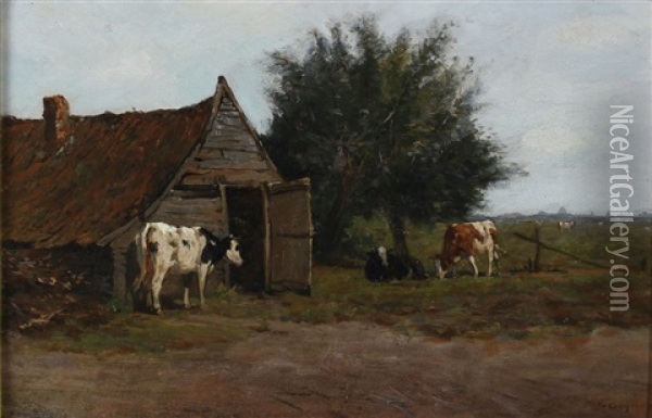 Koeien Bij De Schuur Oil Painting - Herman Bogman I