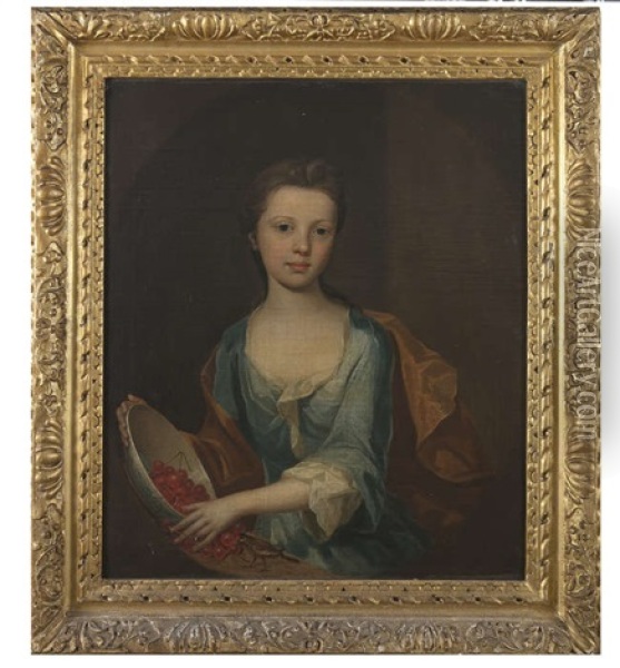 Portrait Of Martha Langham, As A Young Girl Three-quarter Length Wearing A Blue Dress With A Bowl Of Cherries And A Canary Oil Painting - Michael Dahl