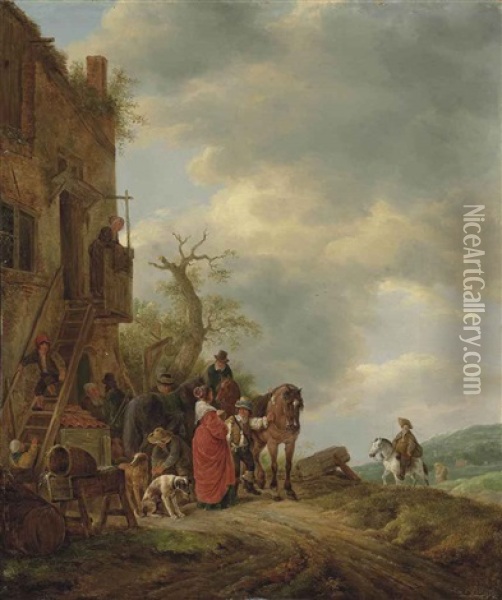 Travellers With Horses And Dogs On A Track Outside An Inn, A Wooded Landscape Beyond Oil Painting - Isaac Van Ostade