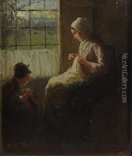 The Sewing Lesson Oil Painting - Bernard de Hoog