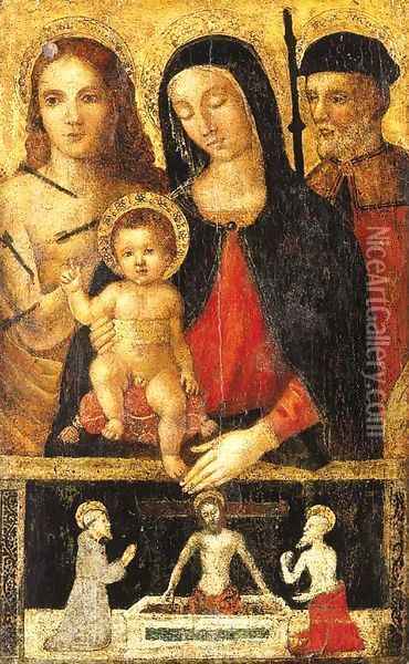 The Madonna and Child with Saint Sebastian and a pilgrim saint Oil Painting - Umbro-Roman School