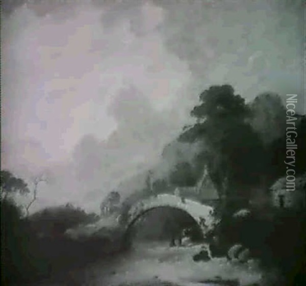 River Landscape With Figures Under A Bridge Oil Painting - John Rathbone