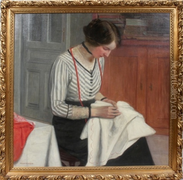 Woman Seated Sewing Oil Painting - Friedrich Koenig